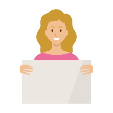 Avrupalı bir kadın boş bir levha tutuyor. Vektör düz resimleme.