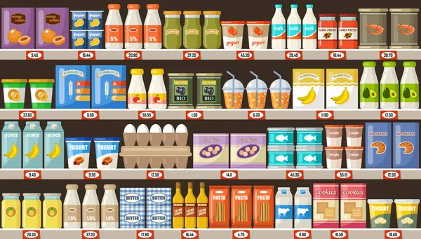 Supermercado Estantes Con Productos Bebidas Ilustración Plana Del Vector — Vector de stock