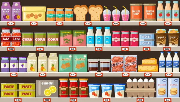 Supermercado Estantes Con Productos Bebidas Ilustración Plana Del Vector — Archivo Imágenes Vectoriales