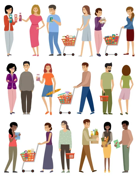 Menschen Mit Einkaufskörben Und Einkaufswagen Auf Weißem Hintergrund Vektorflache Illustration — Stockvektor