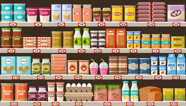 スーパーマーケット 製品や飲み物と棚 ベクトル平図 — ストックベクタ