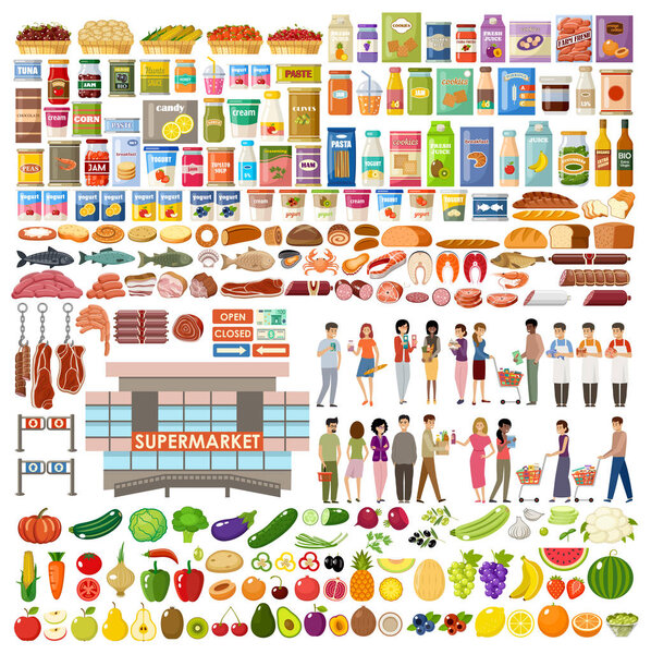 Supermarket. Big store set. Vegetables, fruits, fish, meat, dairy products, people. Vector flat illustration.