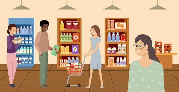 超级市场 人们在杂货店挑选和购买商品 矢量平面插图 — 图库矢量图片