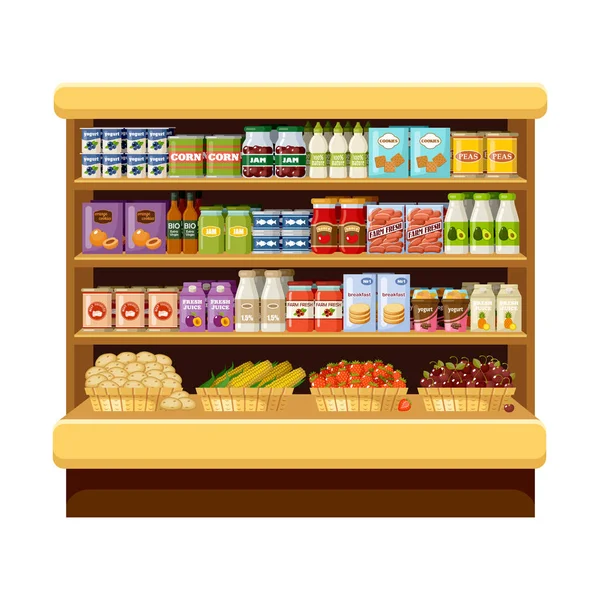 スーパーマーケット 製品や飲み物と棚 倉庫だ ベクトル平図 — ストックベクタ