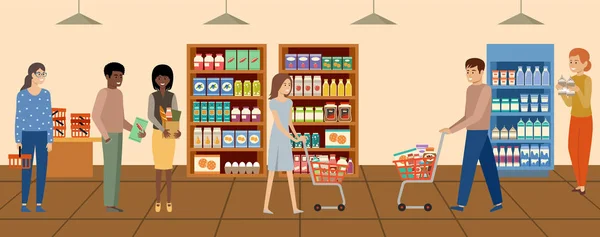 Supermarkecie Ludzie Wybierający Kupujący Produkty Sklepie Spożywczym Wektor Płaska Ilustracja — Wektor stockowy