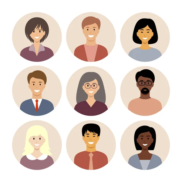 Conjunto Iconos Planos Redondos Con Personas Diferentes Nacionalidades — Vector de stock