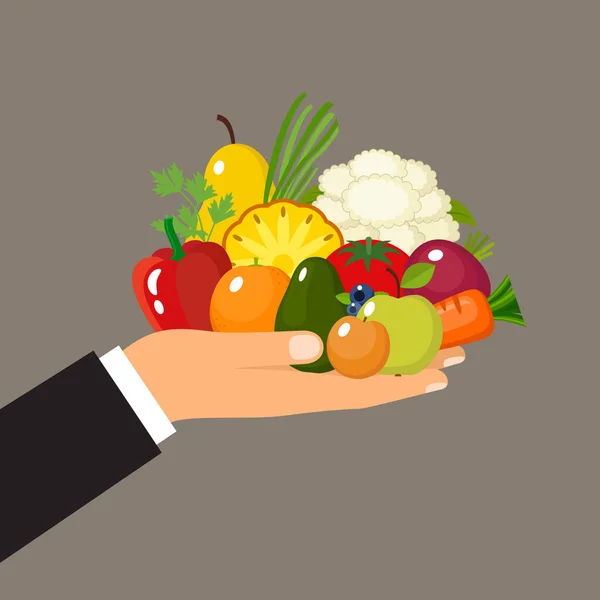 Mano Sostiene Frutas Verduras Vitaminas Alimentación Saludable Ilustración Vectorial — Vector de stock