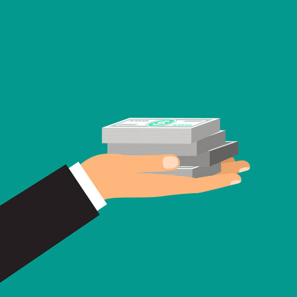 Мужская рука держит пачку долларов. Векторная иллюстрация
