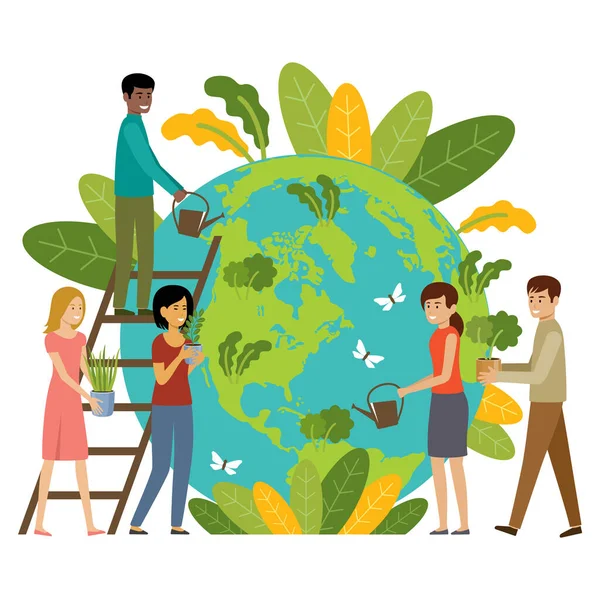 Ecology Concept People Take Care Planet Protect Nature Earth Day — Stock Vector