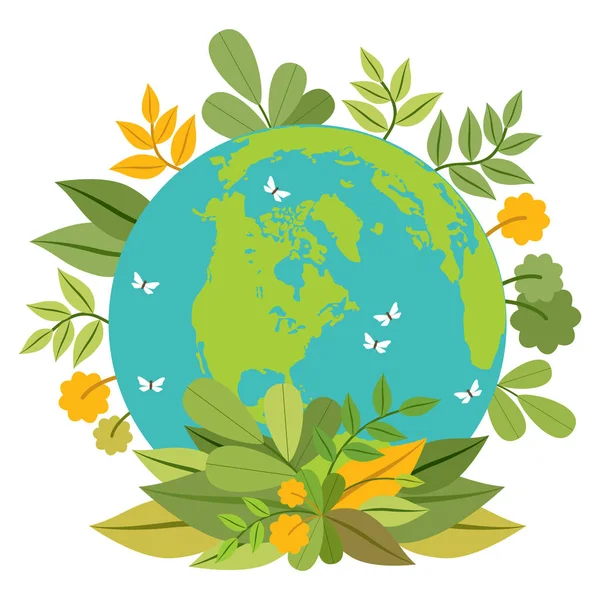 Concepto Ecología Planeta Verde Día Tierra Globo Con Plantas Ilustración — Vector de stock