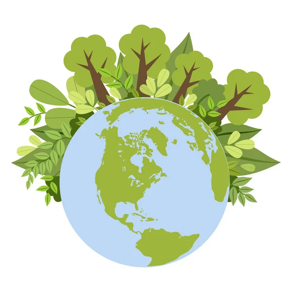 Groene Planeet Ecologisch Concept Aarde Met Bomen Bloemen Vectorillustratie — Stockvector
