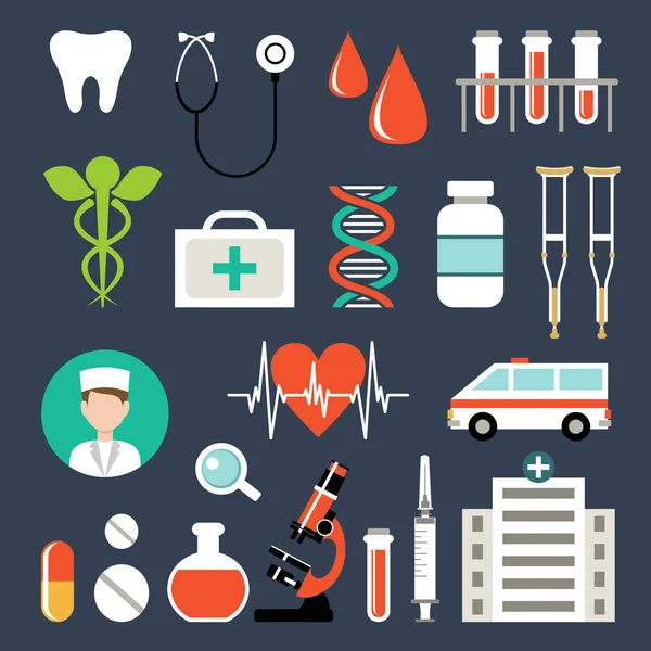 Bir Takım Tıbbi Ikonlar Analizler Muayeneler Tıbbi Cihazlar Vektör Illüstrasyonu — Stok Vektör