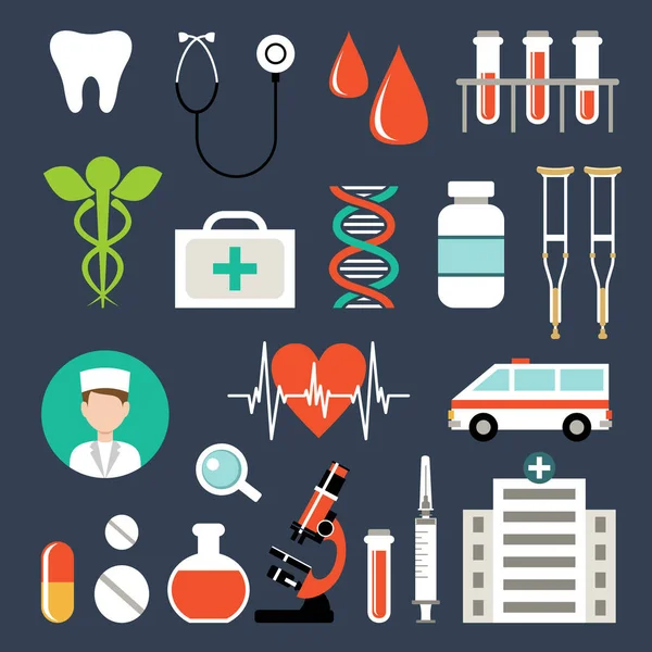 Set Medizinischer Symbole Analysen Untersuchungen Medizinische Geräte Vektorillustration — Stockvektor