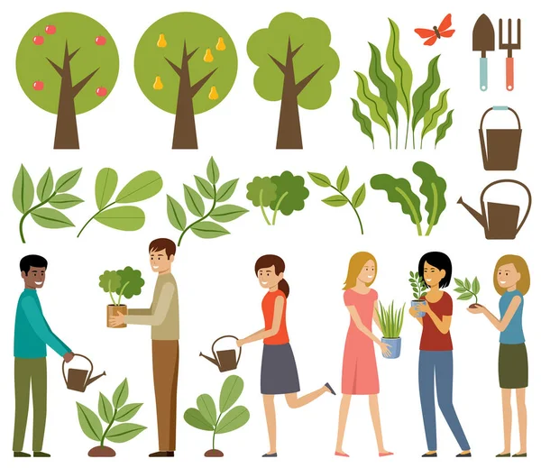 Gardening Trees Plants People Flowers Vector Illustration — Stock Vector