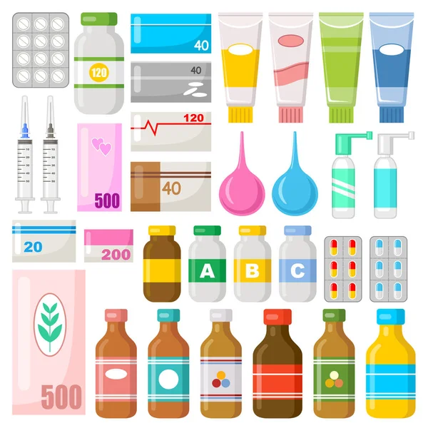Jeu Médicaments Vitamines Médicaments Pilules Onguents Illustration Vectorielle Plate — Image vectorielle