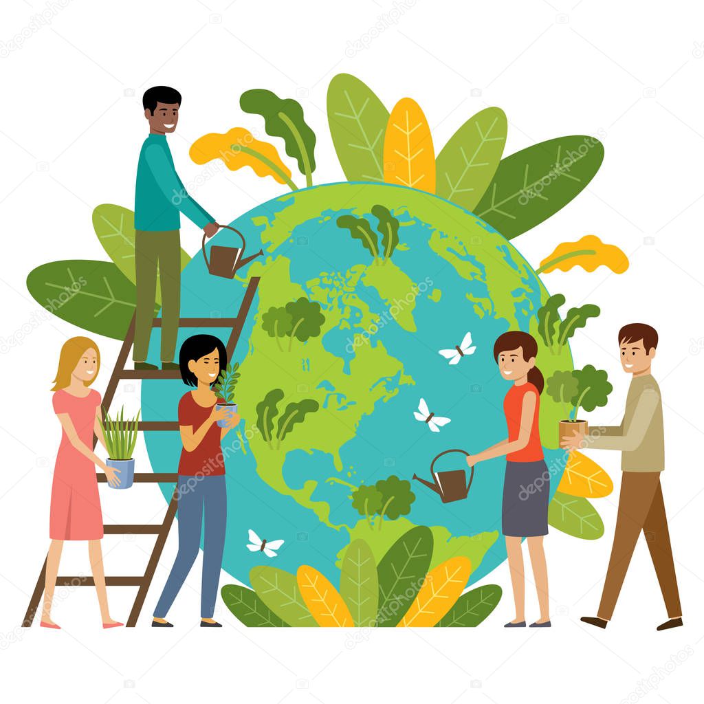 Ecology concept. People take care about planet. Protect nature. Earth day. Globe with plants and volunteer people. Vector illustration