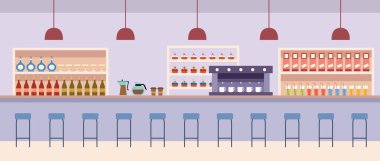 Kafenin içinde. Kafeteryada. İçkili bir bar tezgahı. Kahve makinesi. Vektör düz çizim oranı