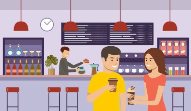 Kahveli genç bir kadın. Kafedeki insanlar. Yemek molası. İçecekler. Kahve zamanı. Vektör düz resimleme