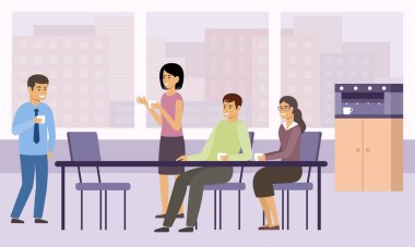 Ofis kahve molası. - Öğle yemeği. Yöneticiler rahatlar ve mutfakta konuşurlar. Vektör düz resimleme.