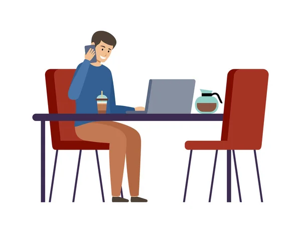 Hombre Está Bebiendo Café Hablando Por Teléfono Freelancer Trabaja Café — Vector de stock