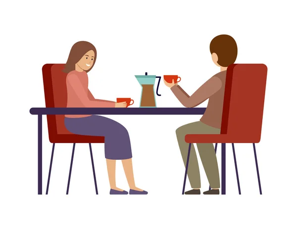 夫妇俩在咖啡店喝咖啡 午休时间男人和女人矢量平面插图 — 图库矢量图片