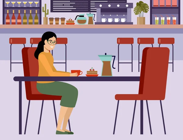 Uma Mulher Num Café Está Beber Café Cafetaria Bar Interior — Vetor de Stock