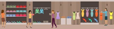Kadın kıyafetleri ve ayakkabıları al. Alışveriş merkezi. Süpermarket. Vektör düz resimleme.