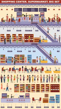 Alışveriş merkezi. Süpermarket. Yüksek katlı bir mağaza. Kahve. Ürünler, süt, ekmek, bakkaliye, deniz ürünleri, et. Erkekler ve kadınlar yiyecek satın alır. Vektör düz resimleme.