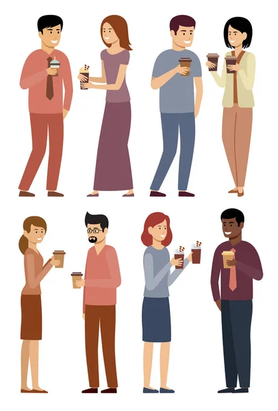 Menschen Mit Tassen Kaffee Straßengetränke Männer Und Frauen Vektorflache Illustration — Stockvektor