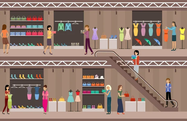 女性の服や靴を購入する ショッピングセンター スーパーマーケット ベクトル平図 — ストックベクタ