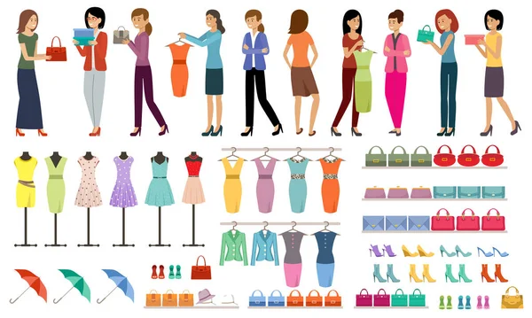 Set Donne Con Acquisti Negozio Abbigliamento Scarpe Illustrazione Piatta Vettoriale — Vettoriale Stock