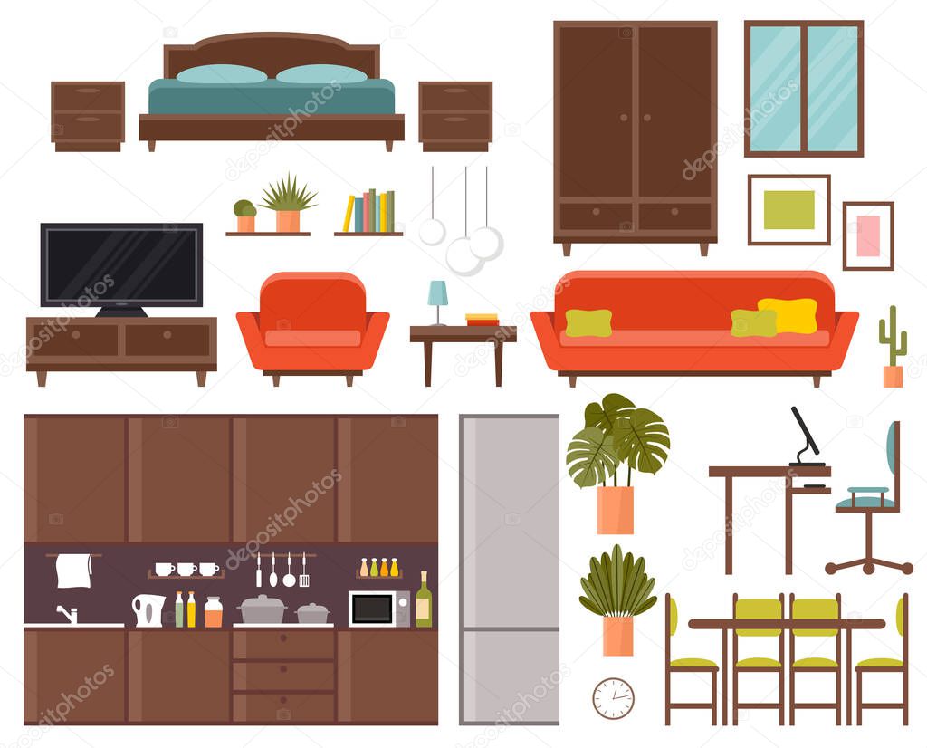 Furniture set. Bedroom, kitchen, dining room. Vector flat illustration.
