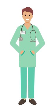 Beyaz arka planda bir erkek doktor. Tıbbi danışmanlık. Vektör düz resimleme