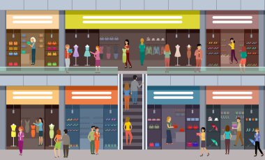 Büyük alışveriş merkezi. Moda dükkanları. İnsanlar giysi ve ayakkabı alır. Vektör düz resimleme.