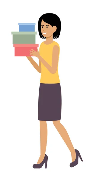 Woman Shopping Boxes Shopaholic Vector Flat Illustration — Stock Vector