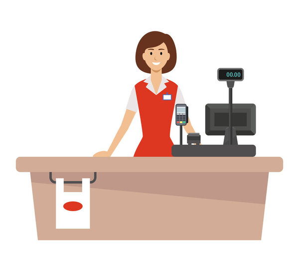 Supermarket cash desk and woman cashier. Vector flat illustration.