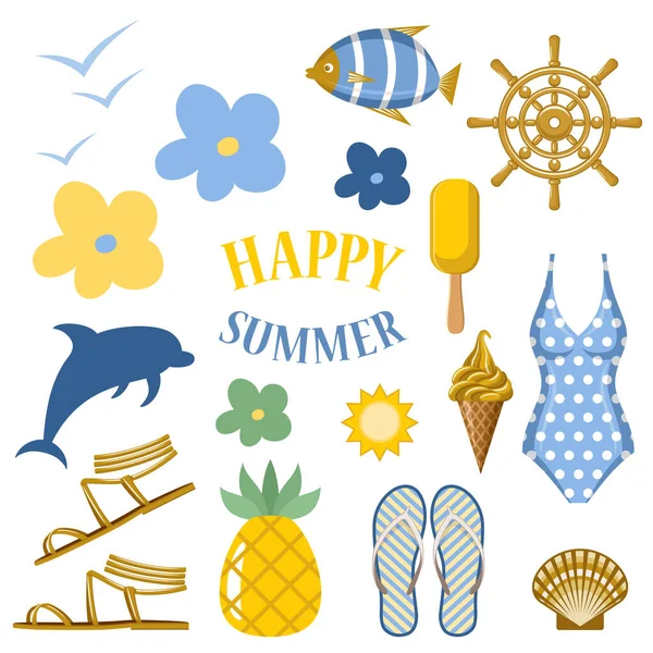 Set Summer Items Icons Vector Flat Illustration — Stock Vector
