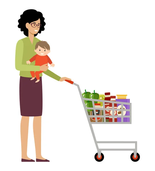 Mulher Compradora Com Cesta Compras Bebê Ilustração Plana Vetorial — Vetor de Stock