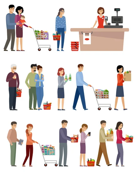 ショッピングカートや食べ物とバスケットを持つ人々 ベクトル平図 — ストックベクタ