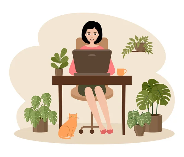 Female Freelancer Working Laptop Distance Job Hugge Vector Flat Illustration — Stock Vector