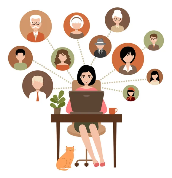 Concepto Red Social Una Mujer Con Portátil Comunicación Virtual Ilustración — Vector de stock