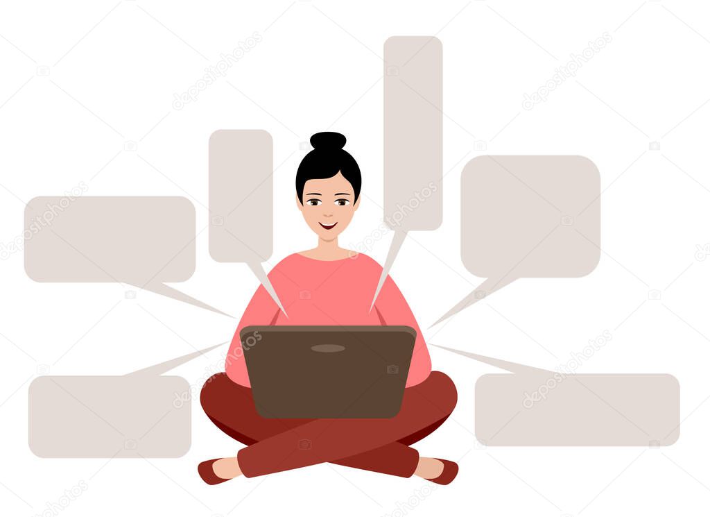 Female freelancer is working on a laptop. Distance job. Empty talk form. Vector illuatration