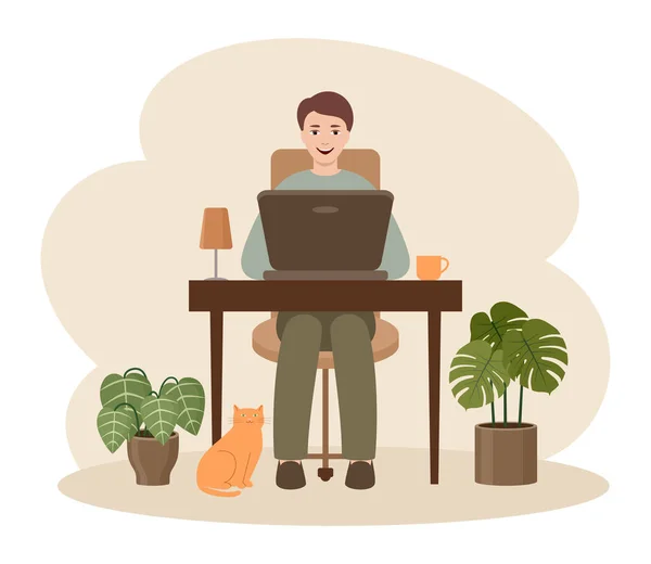 Homme Freelance Travaille Sur Ordinateur Portable Travail Distance Énorme Illustration — Image vectorielle