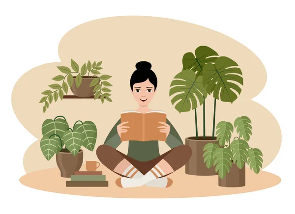 Woman Reading Book Hugge Vector Flat Illustration — Stock Vector
