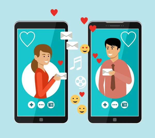 Virtual Love Online Chat Man Woman Texting Messenger Vector Flat — Stock Vector