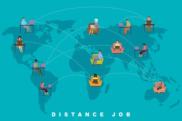 Distance Job Concept Online Business Freelance People Vector Flat Illustration Stock Vector