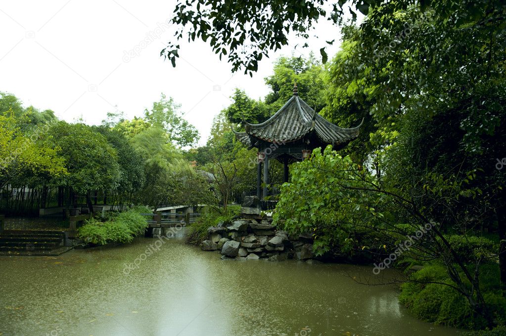 the china style garden in the rain