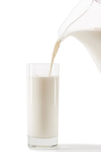 Pouring milk from jug to glass — Stock Photo, Image