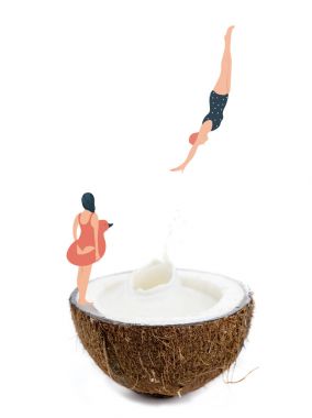 woman dive into coconut half clipart
