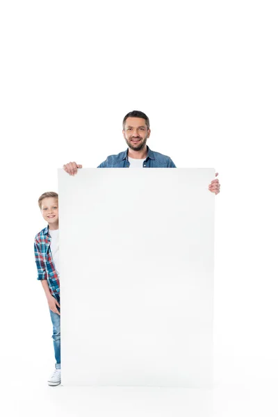 Father and son with blank banner — Stock Photo, Image